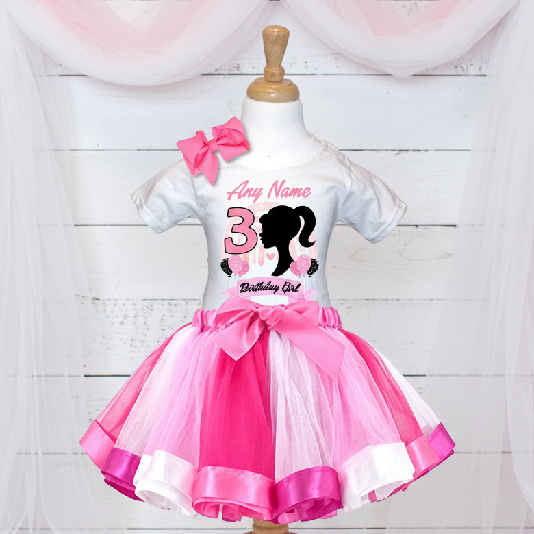Barbie Face Silhouette Tutu Set Girls Personalized Custom Hot Pink White Pink Ribbon Tutu Outfit Dress Theme Cake Smash Birthday Party