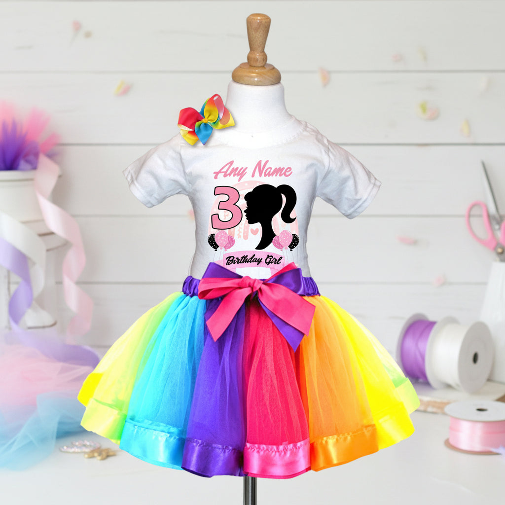 Barbie Face Silhouette Tutu Set Girls Personalized Custom Rainbow Ribbon Tutu Outfit Dress Theme Cake Smash Birthday Party