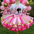 Barbie Face Silhouette Tutu Set Girls Personalized Custom Pink Gold Hot Pink Ribbon Sewn Trim Tutu Outfit Dress Theme Cake Smash Birthday Party