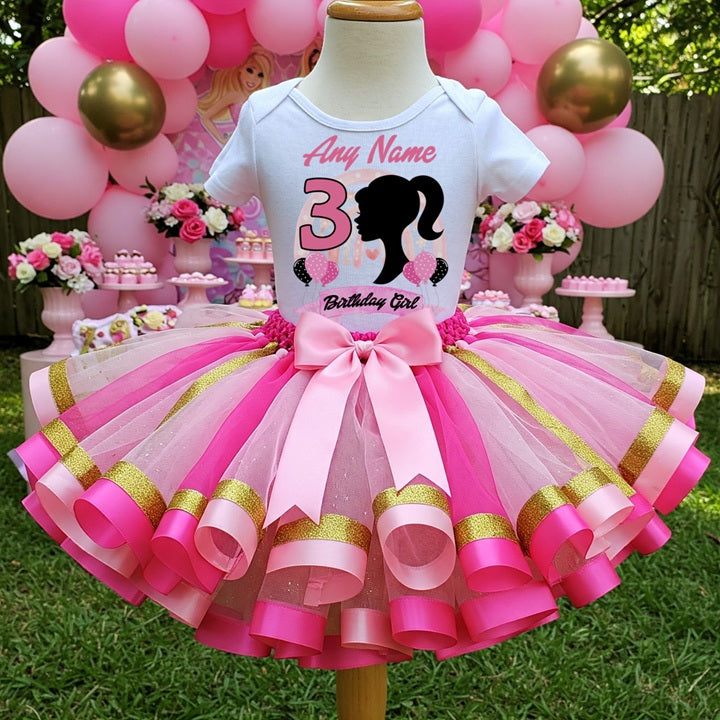 Barbie Face Silhouette Tutu Set Girls Personalized Custom Pink Gold Hot Pink Ribbon Sewn Trim Tutu Outfit Dress Theme Cake Smash Birthday Party