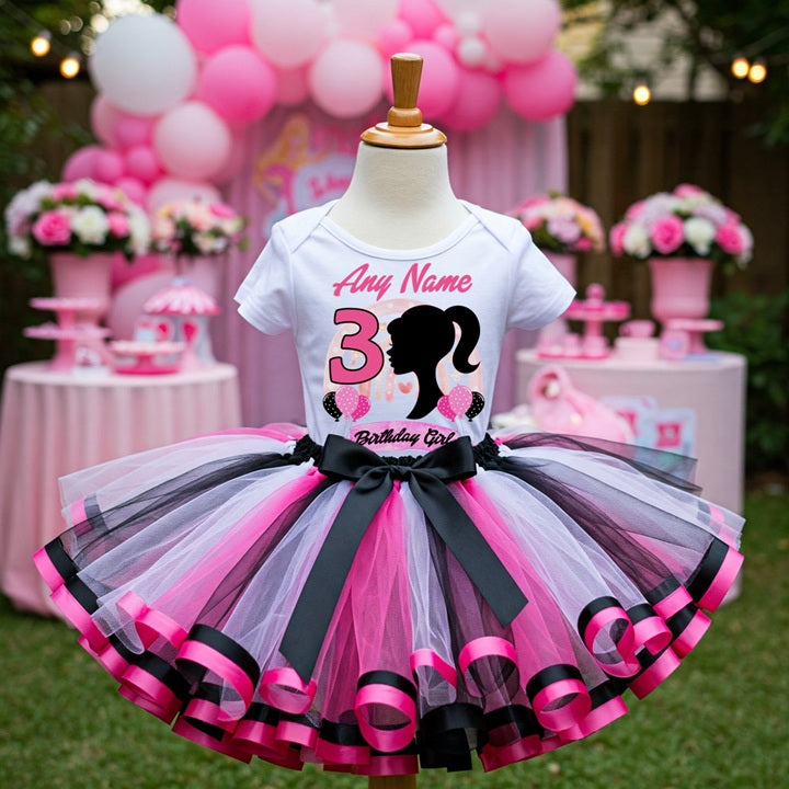 Barbie Face Silhouette Tutu Set Girls Personalized Custom Black White Hot Pink Ribbon Sewn Trim Tutu Outfit Dress Theme Cake Smash Birthday Party