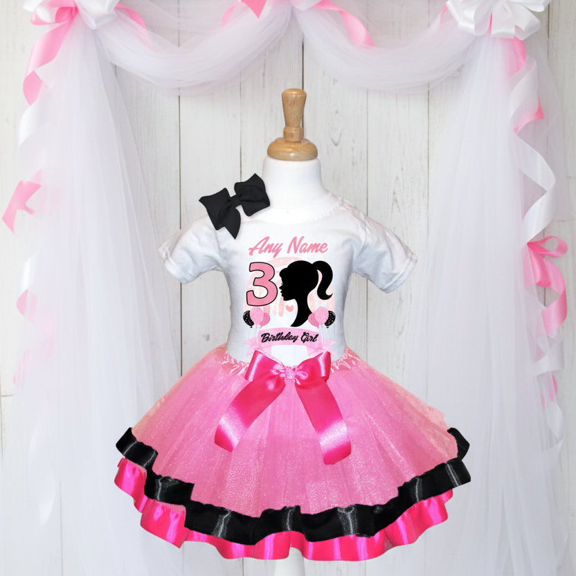 Barbie Face Silhouette Tutu Set Girls Personalized Custom Pink Black Hot Pink Ribbon Trim Tutu Outfit Dress Theme Cake Smash Birthday Party