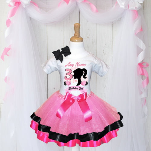 Barbie Face Silhouette Tutu Set Girls Personalized Custom Pink Black Hot Pink Ribbon Trim Tutu Outfit Dress Theme Cake Smash Birthday Party