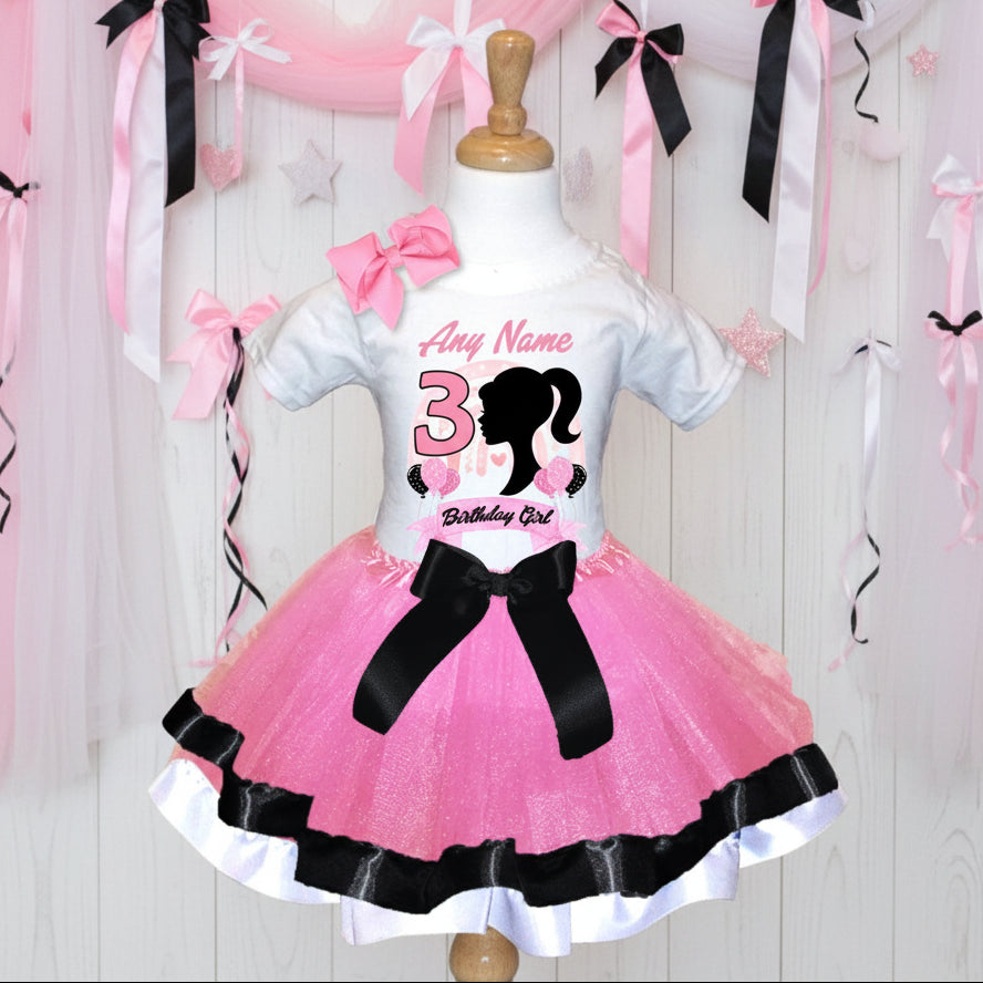 Barbie Face Silhouette Tutu Set Girls Personalized Custom Pink Black White Ribbon Trim Tutu Outfit Dress Theme Cake Smash Birthday Party