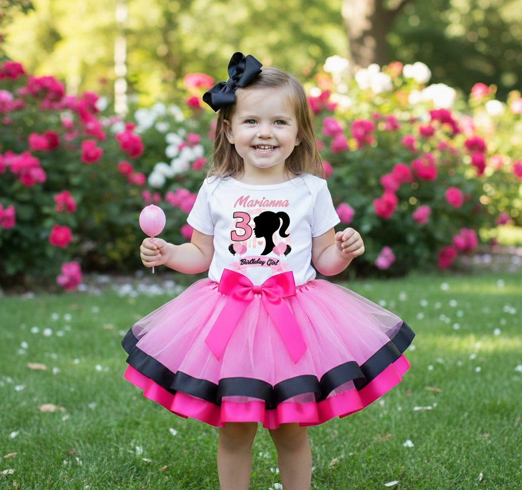 Barbie Face Silhouette Tutu Set Girls Personalized Custom Pink Black Hot Pink Ribbon Trim Tutu Outfit Dress Theme Cake Smash Birthday Party