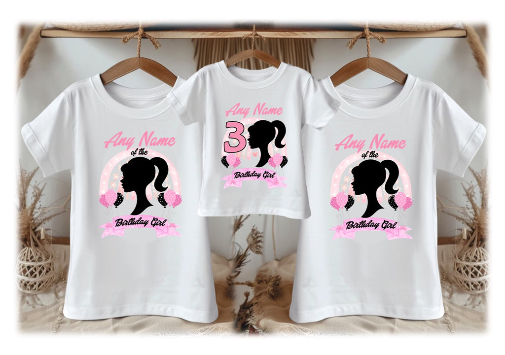 Barbie Face Silhouette Personalized Custom White Family T-Shirt or Onesie Pack Theme Cake Smash Birthday Party