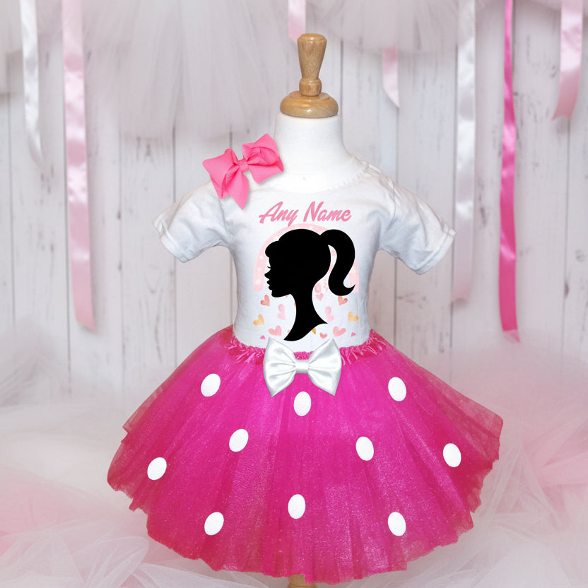 Barbie Face Silhouette Tutu Set Girls Personalized Custom Hot Pink White Polka Dots Tutu Outfit Dress Theme Cake Smash Party