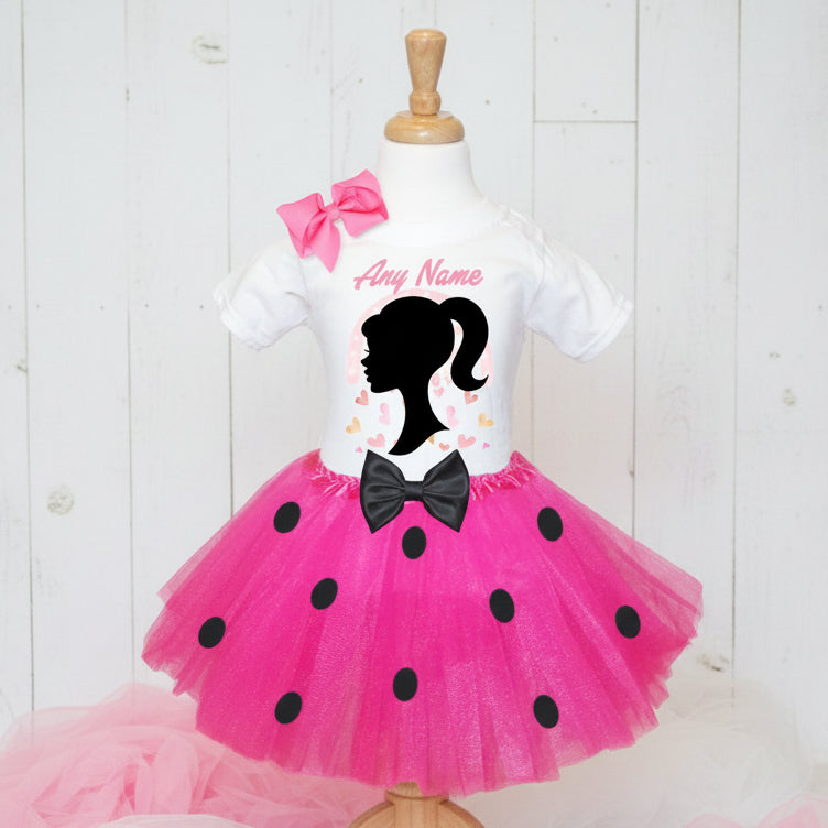 Barbie Face Silhouette Tutu Set Girls Personalized Custom Hot Pink Black Polka Dots Tutu Outfit Dress Theme Cake Smash Party