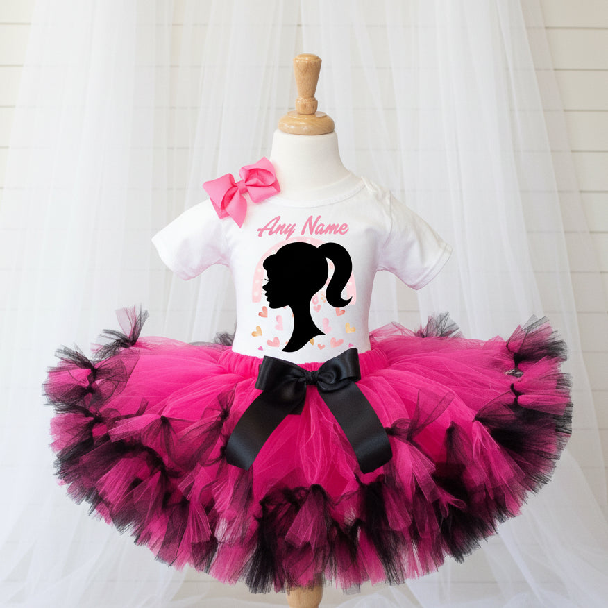 Barbie Face Silhouette Tutu Set Girls Personalized Custom Hot Pink Black Knots Tutu Outfit Dress Theme Cake Smash Party