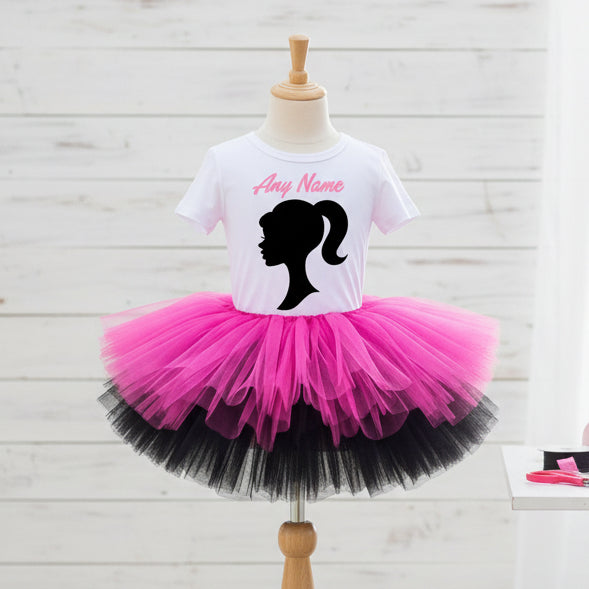 Barbie Face Silhouette Tutu Set Girls Personalized Custom Hot Pink Black Tutu Outfit Dress Theme Cake Smash Party