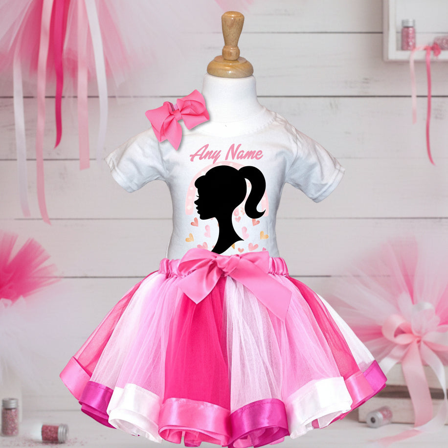 Barbie Face Silhouette Tutu Set Girls Personalized Custom Hot Pink White Pink Ribbon Tutu Outfit Dress Theme Cake Smash Party