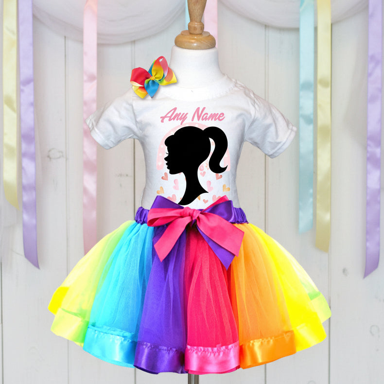Barbie Face Silhouette Tutu Set Girls Personalized Custom Rainbow Ribbon Tutu Outfit Dress Theme Cake Smash Party