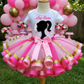 Barbie Face Silhouette Tutu Set Girls Personalized Custom Pink Gold Hot Pink Ribbon Sewn Trim Tutu Outfit Dress Theme Cake Smash Party