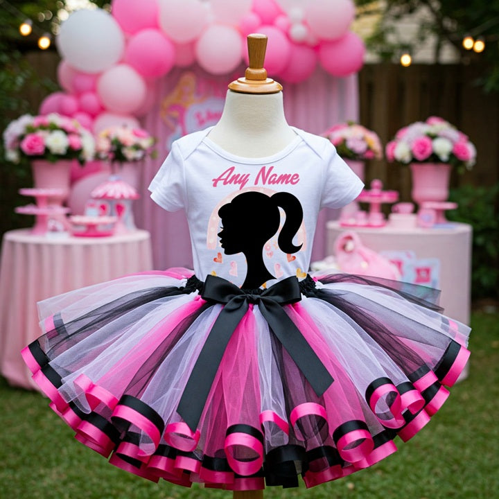Barbie Face Silhouette Tutu Set Girls Personalized Custom Black White Hot Pink Ribbon Sewn Trim Tutu Outfit Dress Theme Cake Smash Party