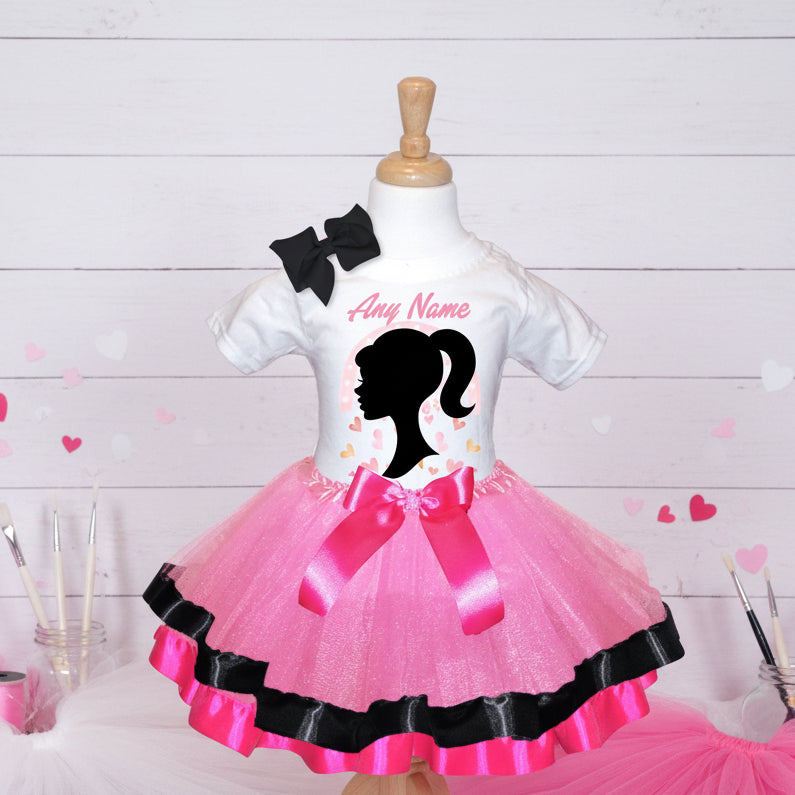 Barbie Face Silhouette Tutu Set Girls Personalized Custom Pink Black Hot Pink Ribbon Trim Tutu Outfit Dress Theme Cake Smash Party