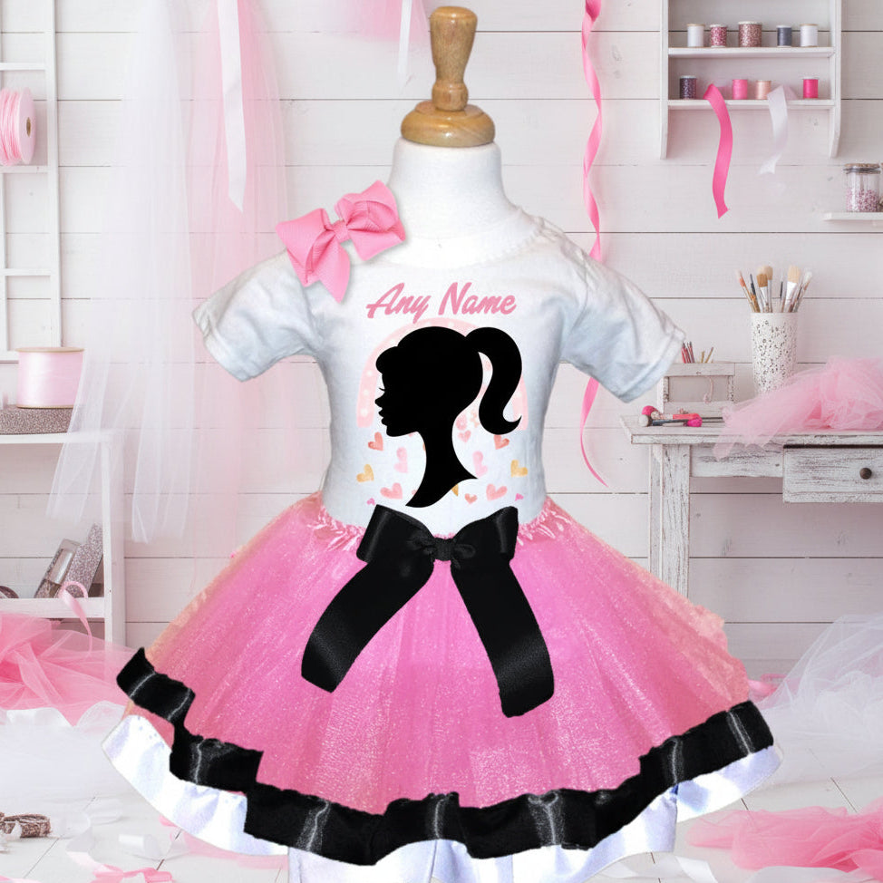 Barbie Face Silhouette Tutu Set Girls Personalized Custom Pink Black White Ribbon Trim Tutu Outfit Dress Theme Cake Smash Party