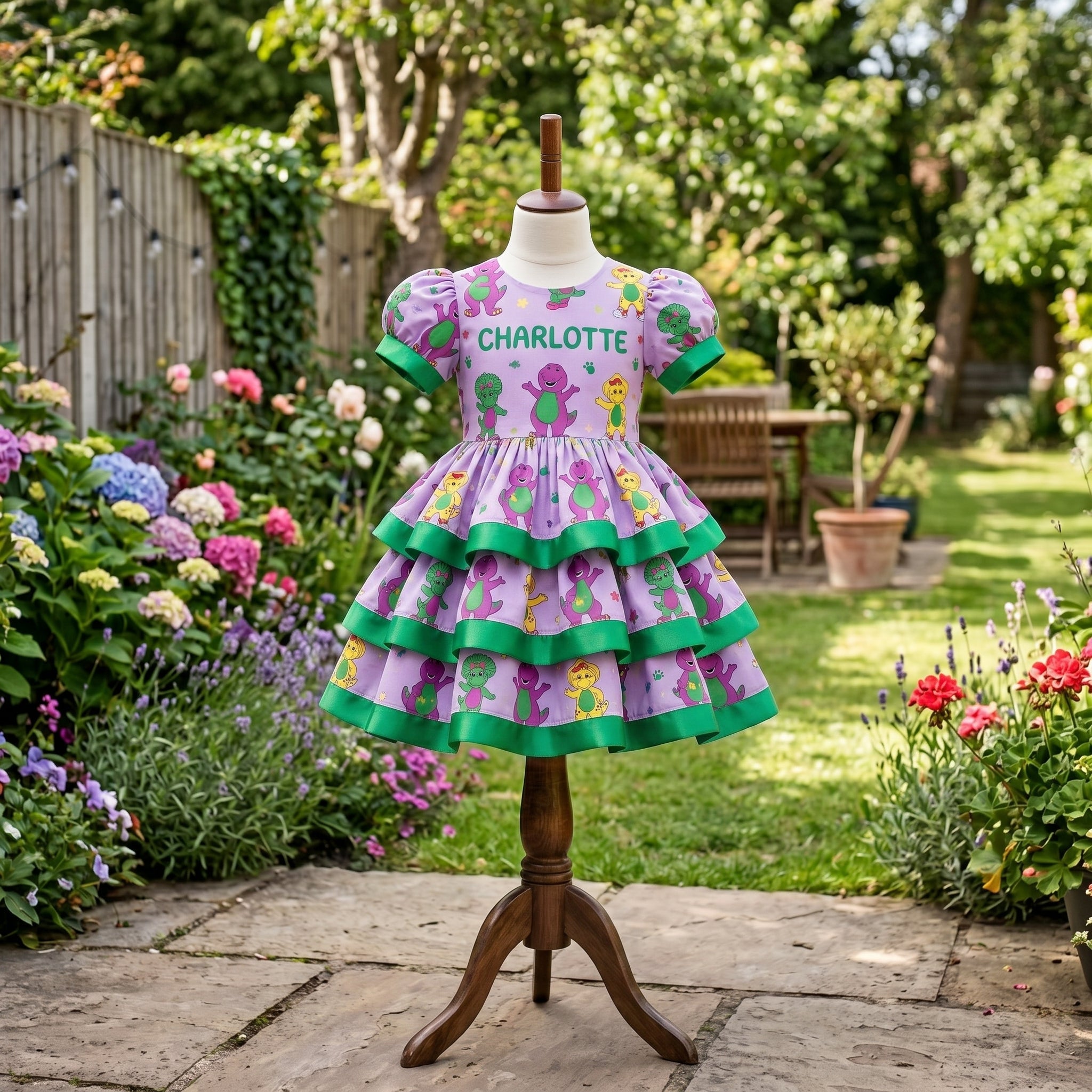 Barney Purple Dinosaur Girls Personalized Custom Tiered Ruffle Dress Ribbon Trim Theme Cake Smash Birthday Party