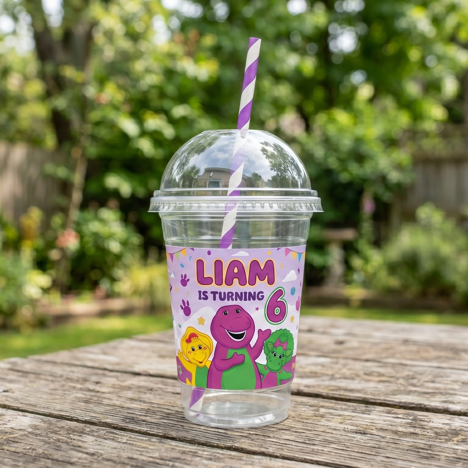 (Pack of 6) Barney & Friends Custom Personalized Birthday Party 16 oz Cups with Dome Lids & Straws