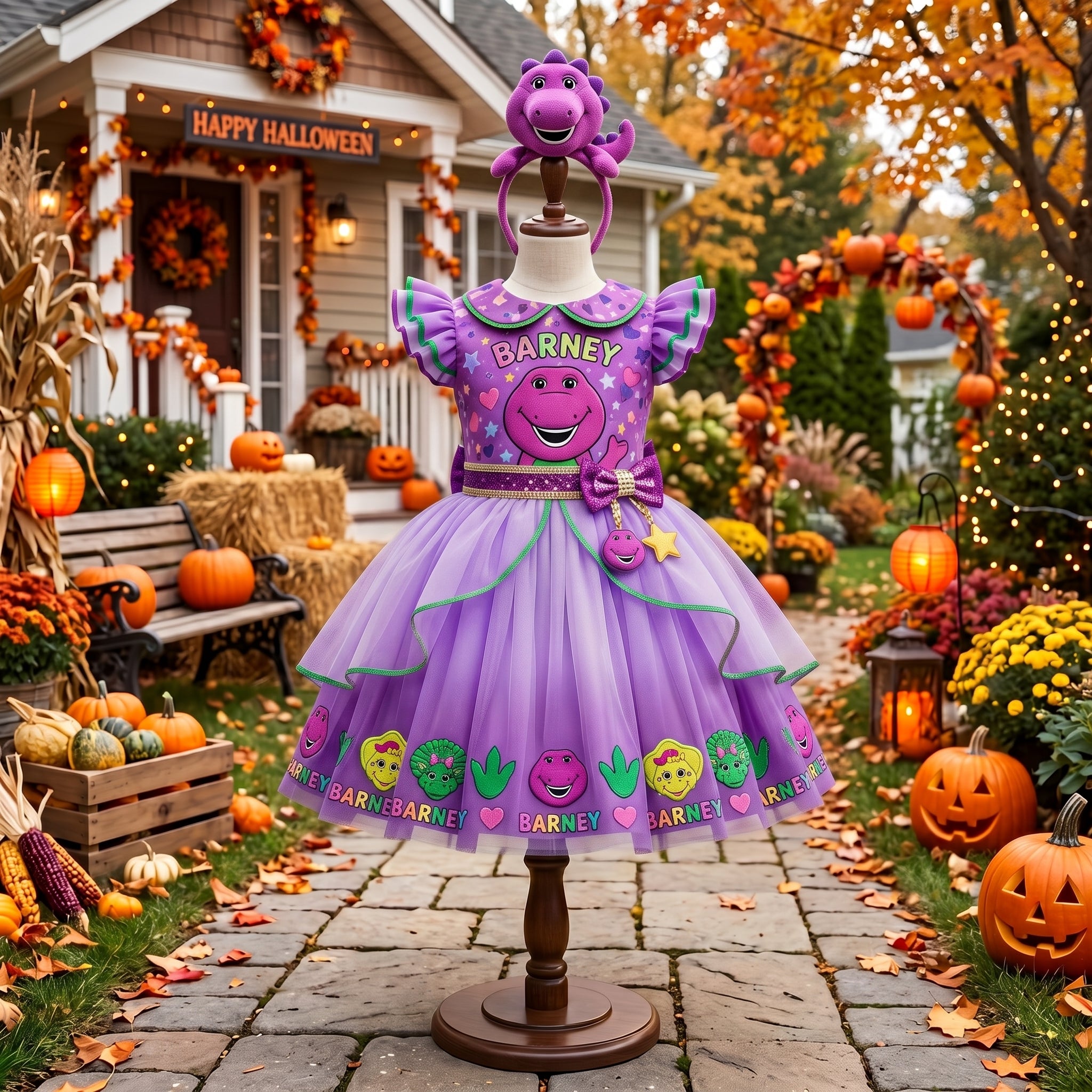 Barney Dinosaur Girls' Deluxe Sparkle Tutu Party Costume Dress Set with Matching Headband Halloween Birthday Pageant