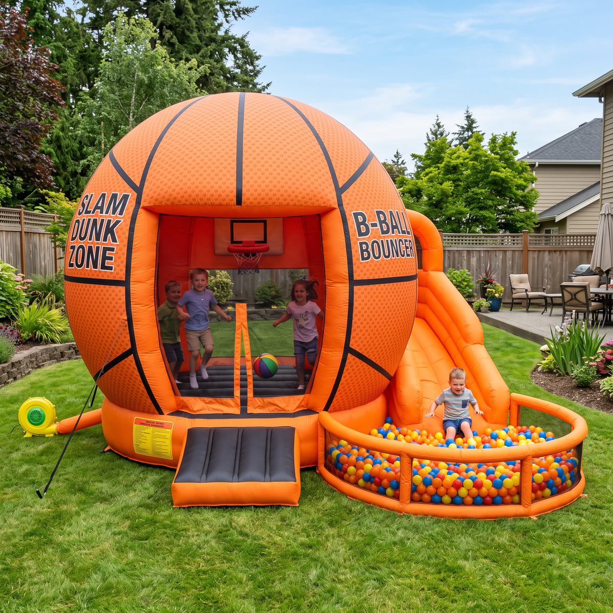 Play Bounce House Jumping Playhouse area with Slide and Ball Pit Sports Basket Ball Castle Theme