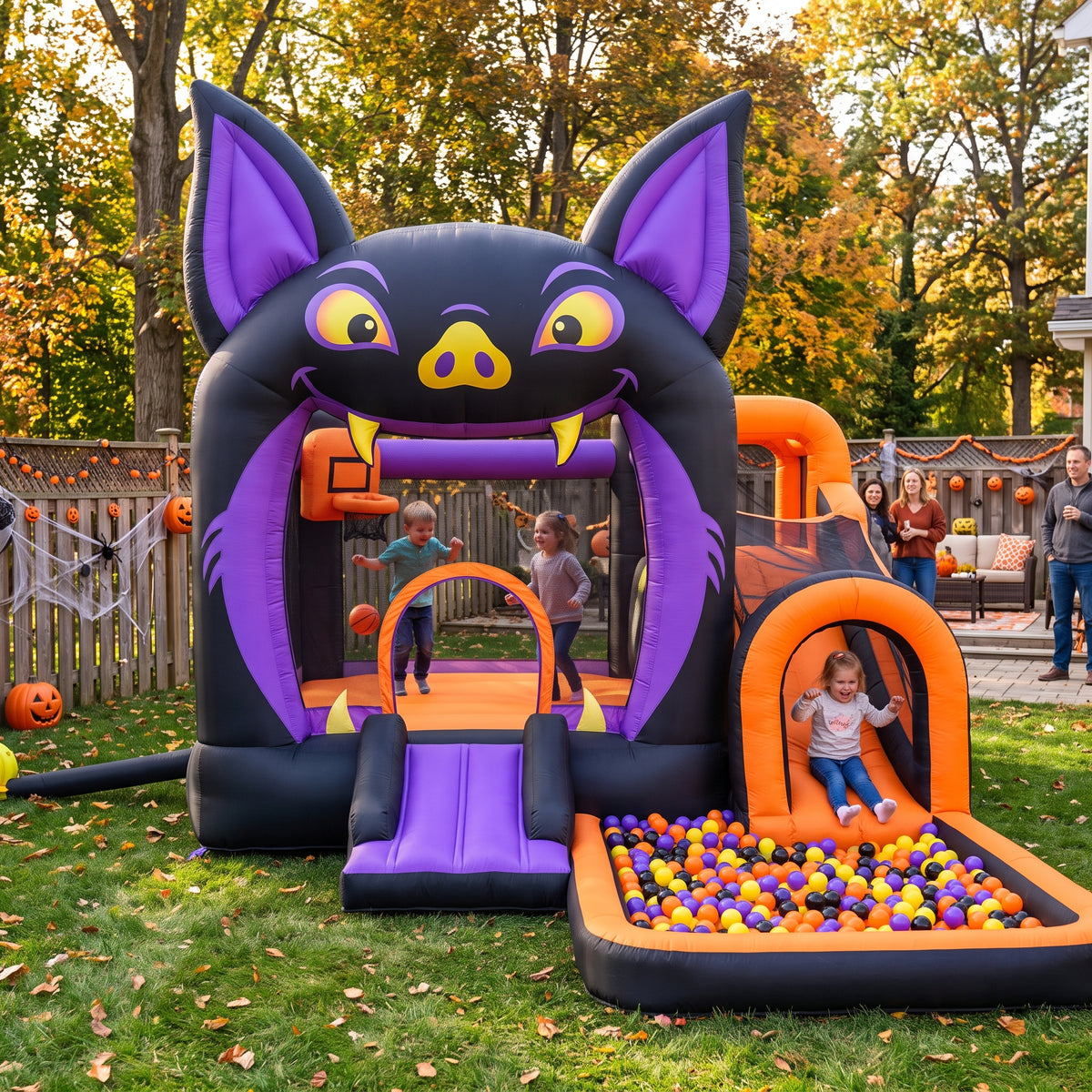 Play Bounce House Jumping Playhouse area with Slide and Ball Pit Halloween Bat's Head Castle Theme