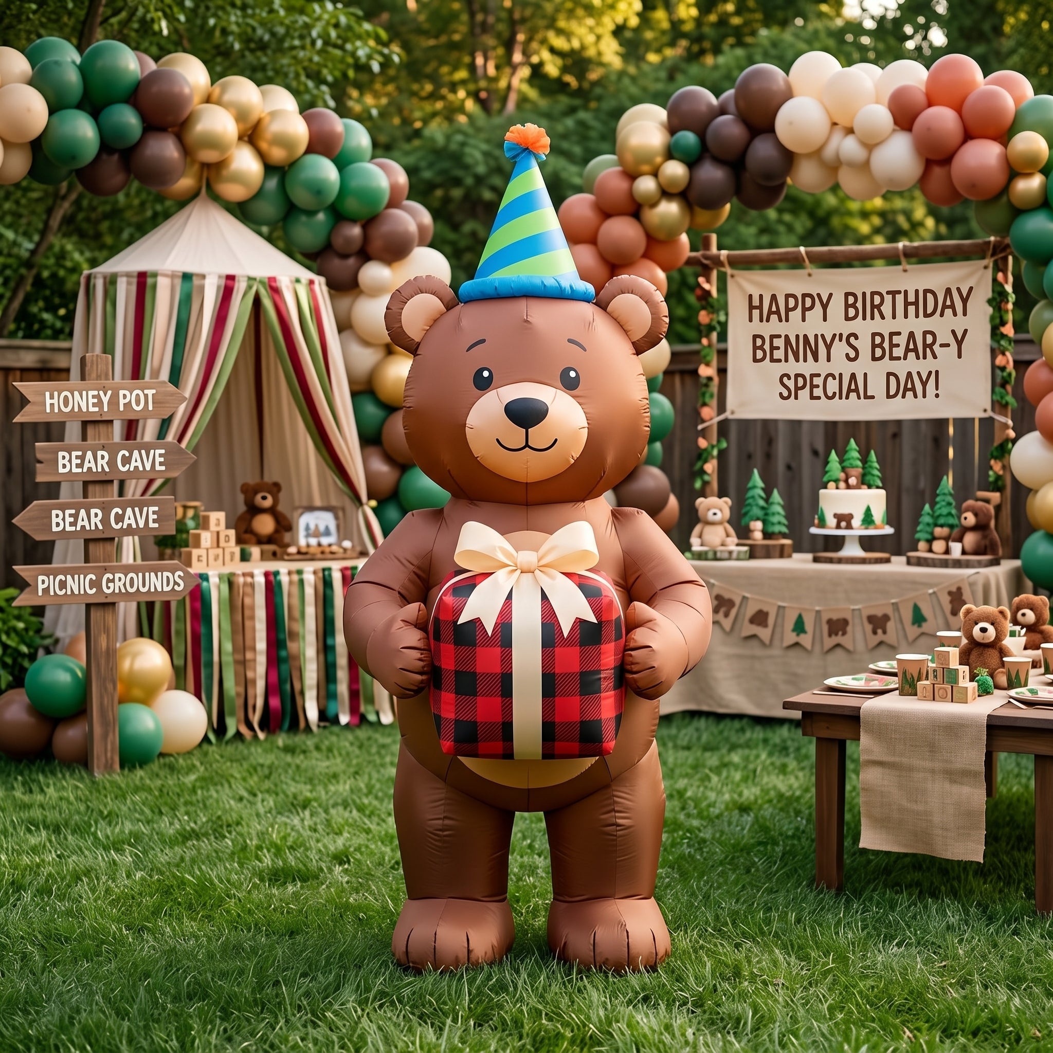 5' Brown Bear with Birthday Hat and Present Yard Birthday Inflatable Blow Up Decor Prop