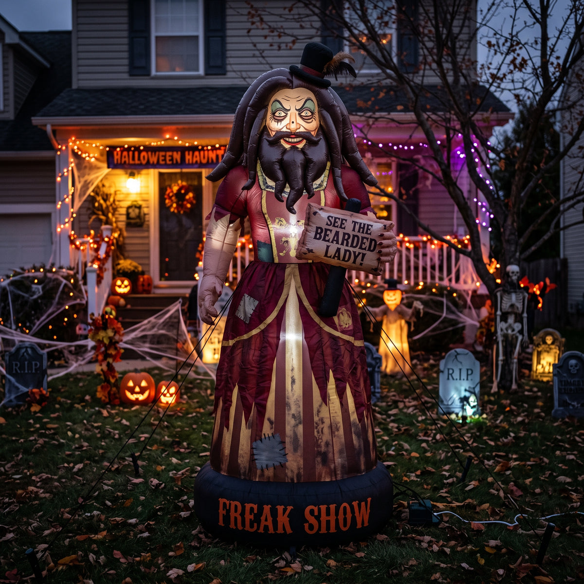 6' Freak Show Twisted Carnival Creepy Bearded Lady Yard Halloween Inflatable Blow Up Decor Prop