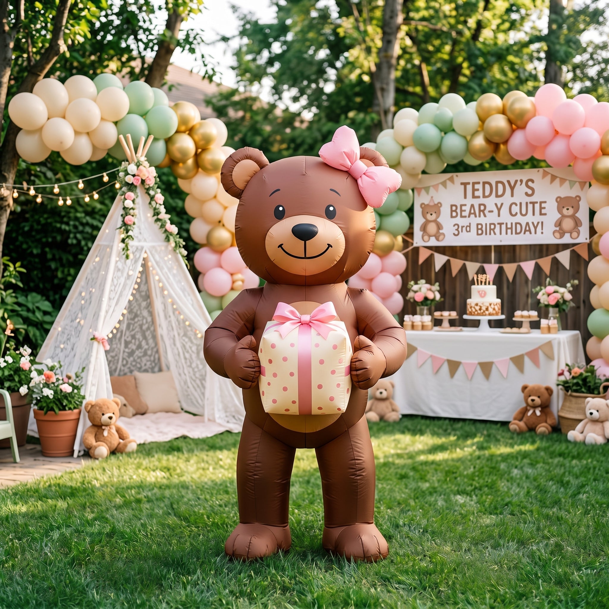 5' Cute Brown Bear with Pink Bow and Present Yard Birthday Inflatable Blow Up Decor Prop