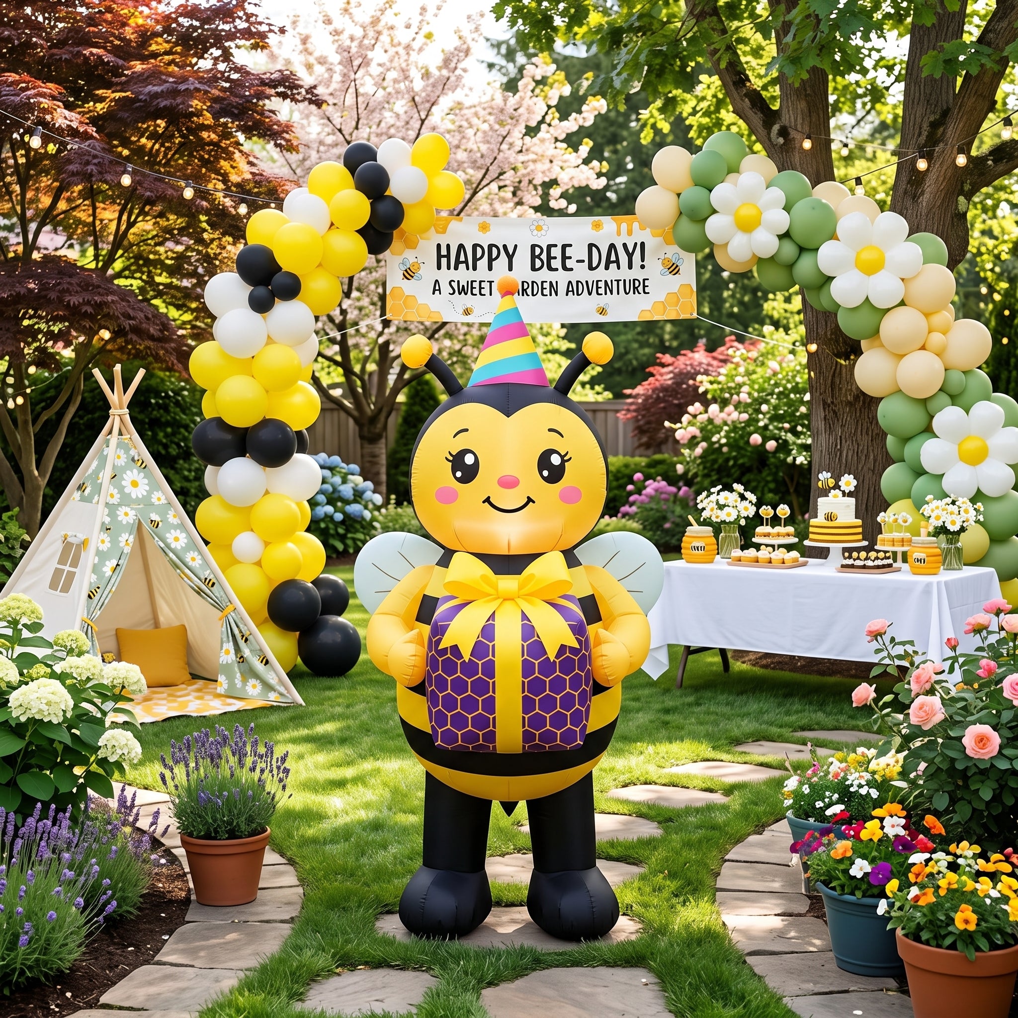 5' Cute Bee with Birthday Hat and Present Yard Birthday Inflatable Blow Up Decor Prop