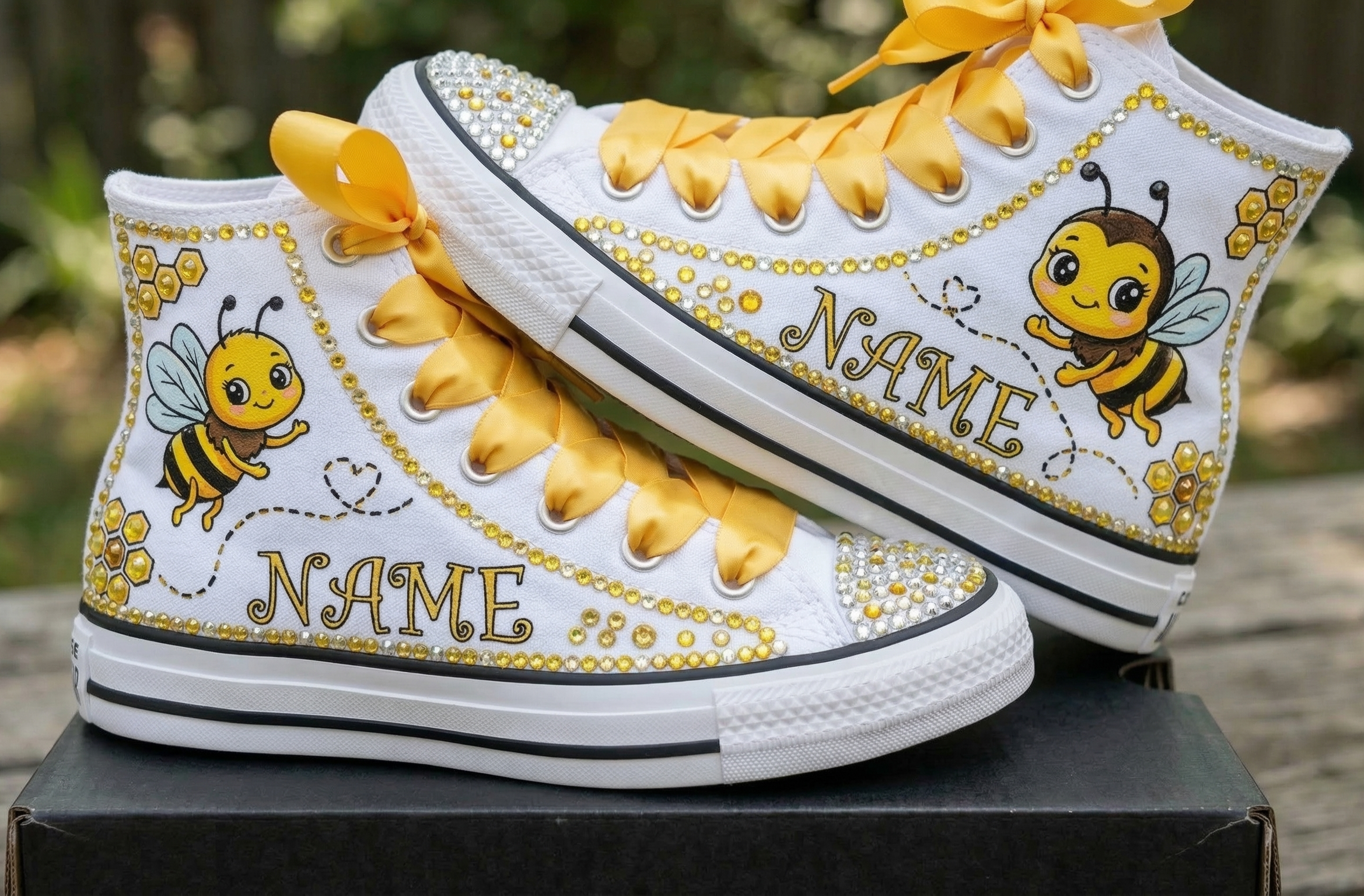 Custom Cute Little Bee High-Top Sneakers Shoes Personalized with Name, Ribbon Laces & Rhinestones Birthday Parties Everyday Gift