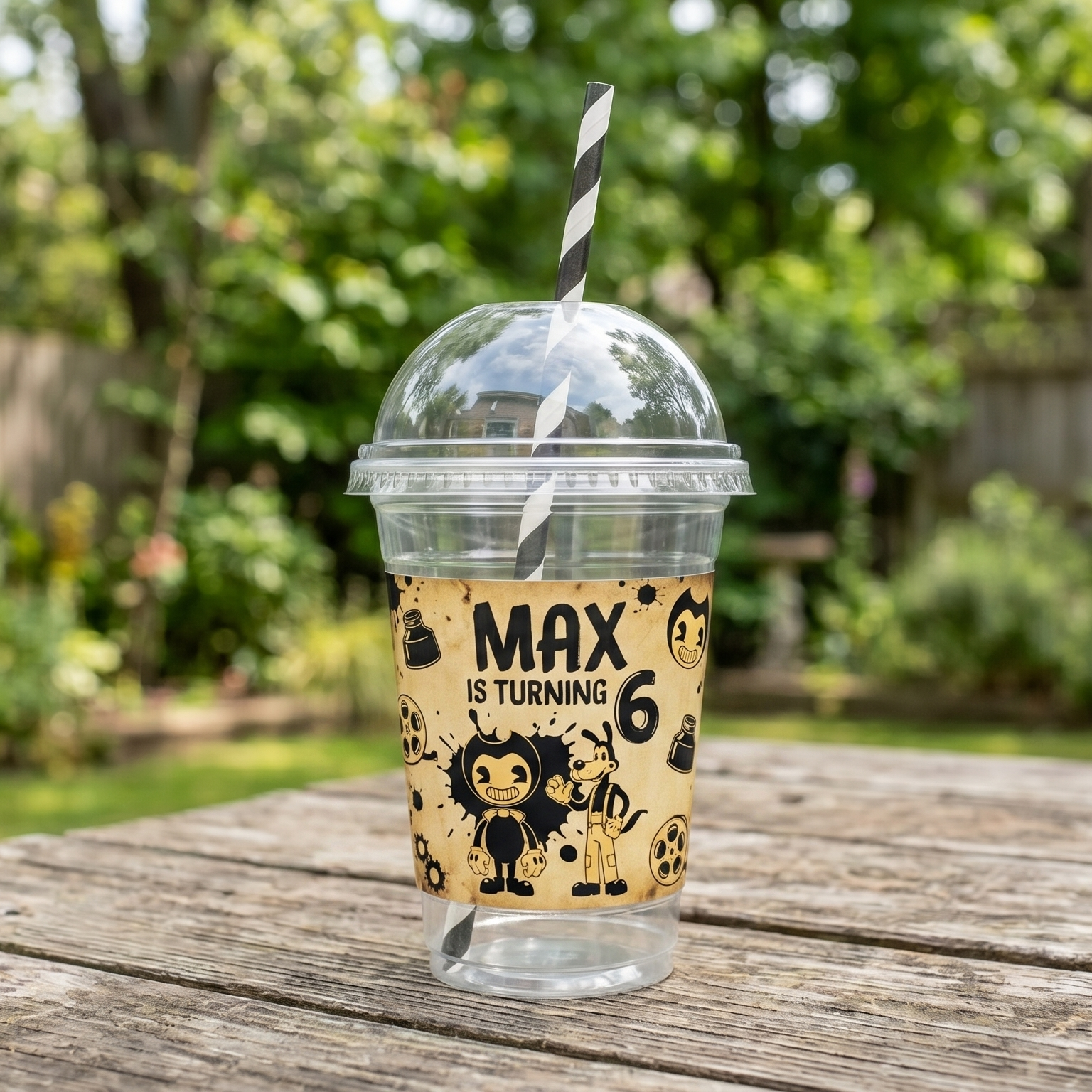 (Pack of 6) Bendy Ink Machine Custom Personalized Birthday Party 16 oz Cups with Dome Lids & Straws