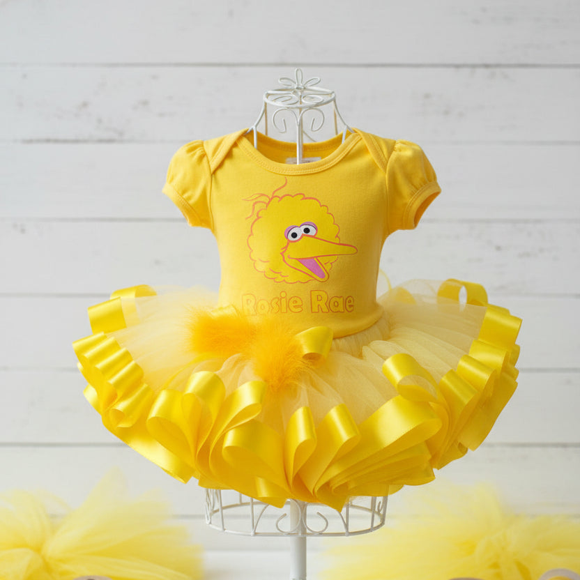 Sesame Street Big Bird Face Tutu Set Girls Personalized Custom Yellow Ribbon Sewn Trim Tutu Outfit Dress Theme Cake Smash Birthday Party