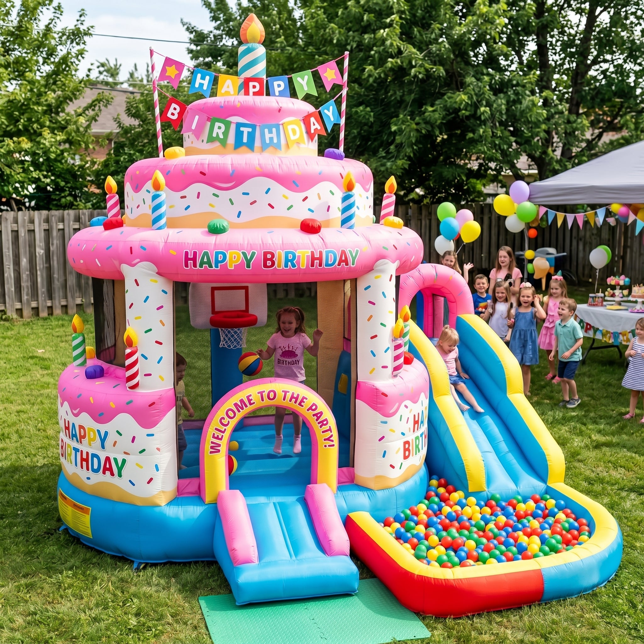 Play Bounce House Jumping Playhouse area with Slide and Ball Pit Birthday Cake Theme