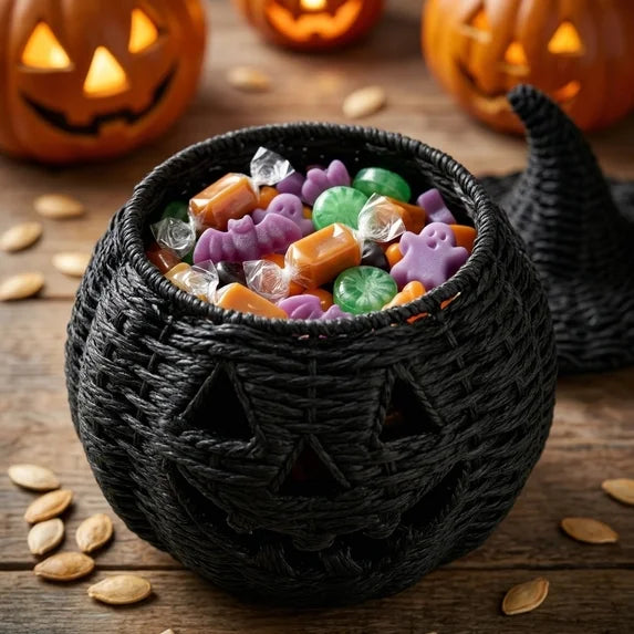 Black Woven Seagrass Jack o Lantern Pumpkin Halloween Candy Holder Decor Prop
