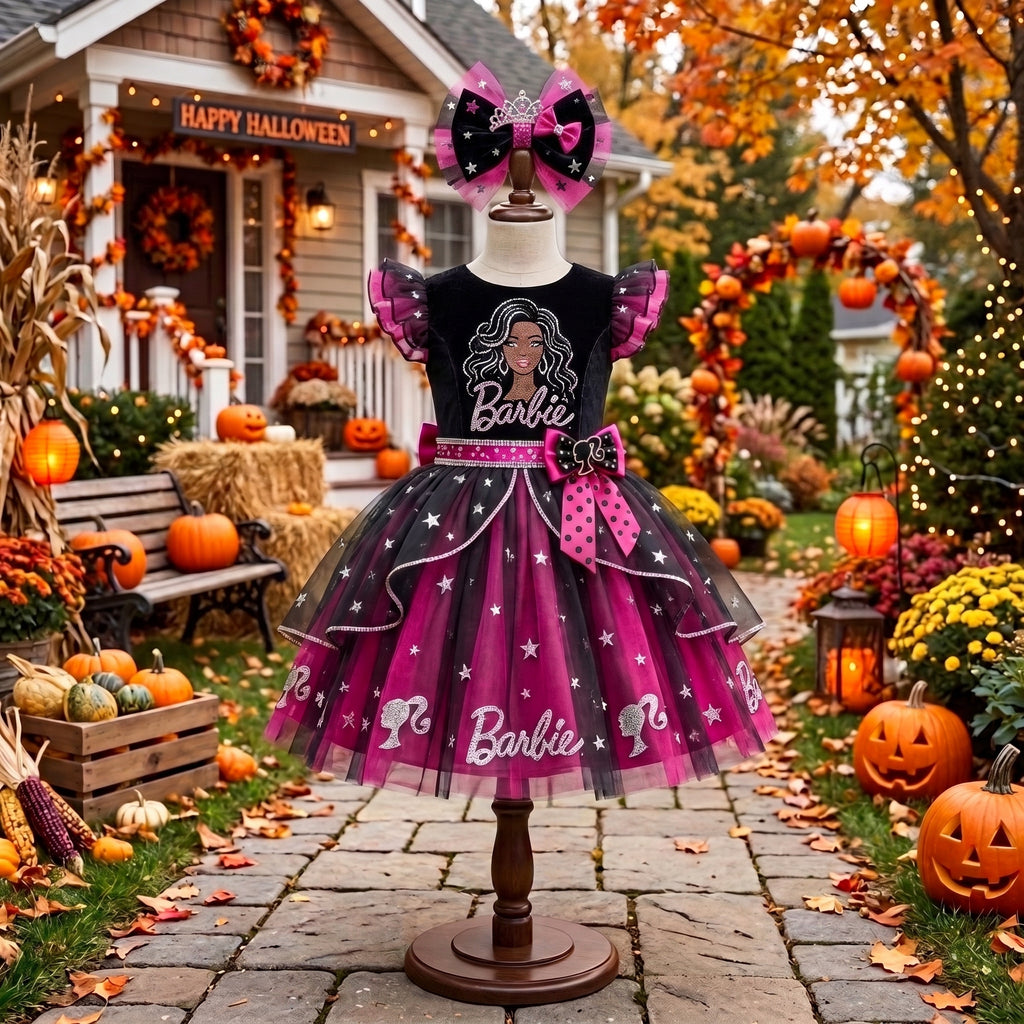 Black Barbie Girl Doll Girls' Deluxe Sparkle Tutu Party Costume Dress Set with Matching Headband Halloween Birthday Pageant