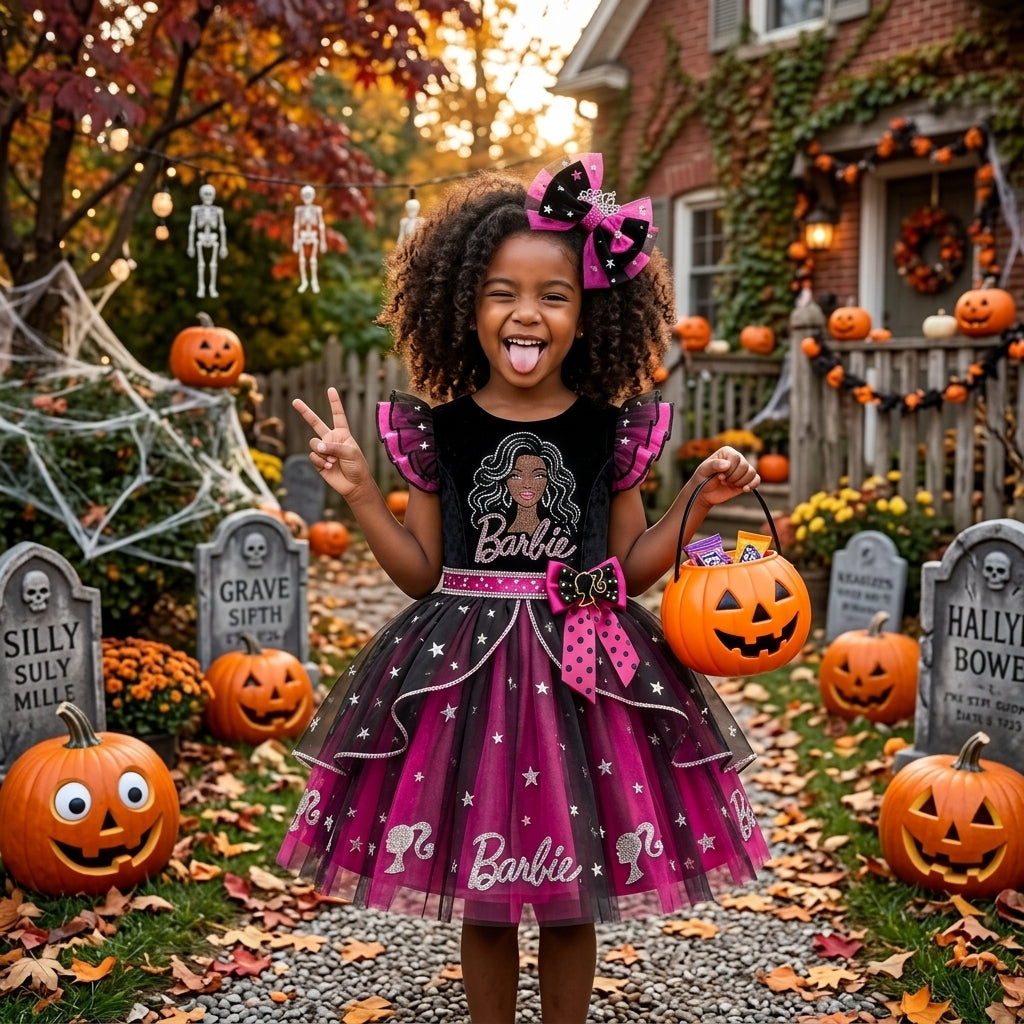 Black Barbie Girl Doll Girls' Deluxe Sparkle Tutu Party Costume Dress Set with Matching Headband Halloween Birthday Pageant