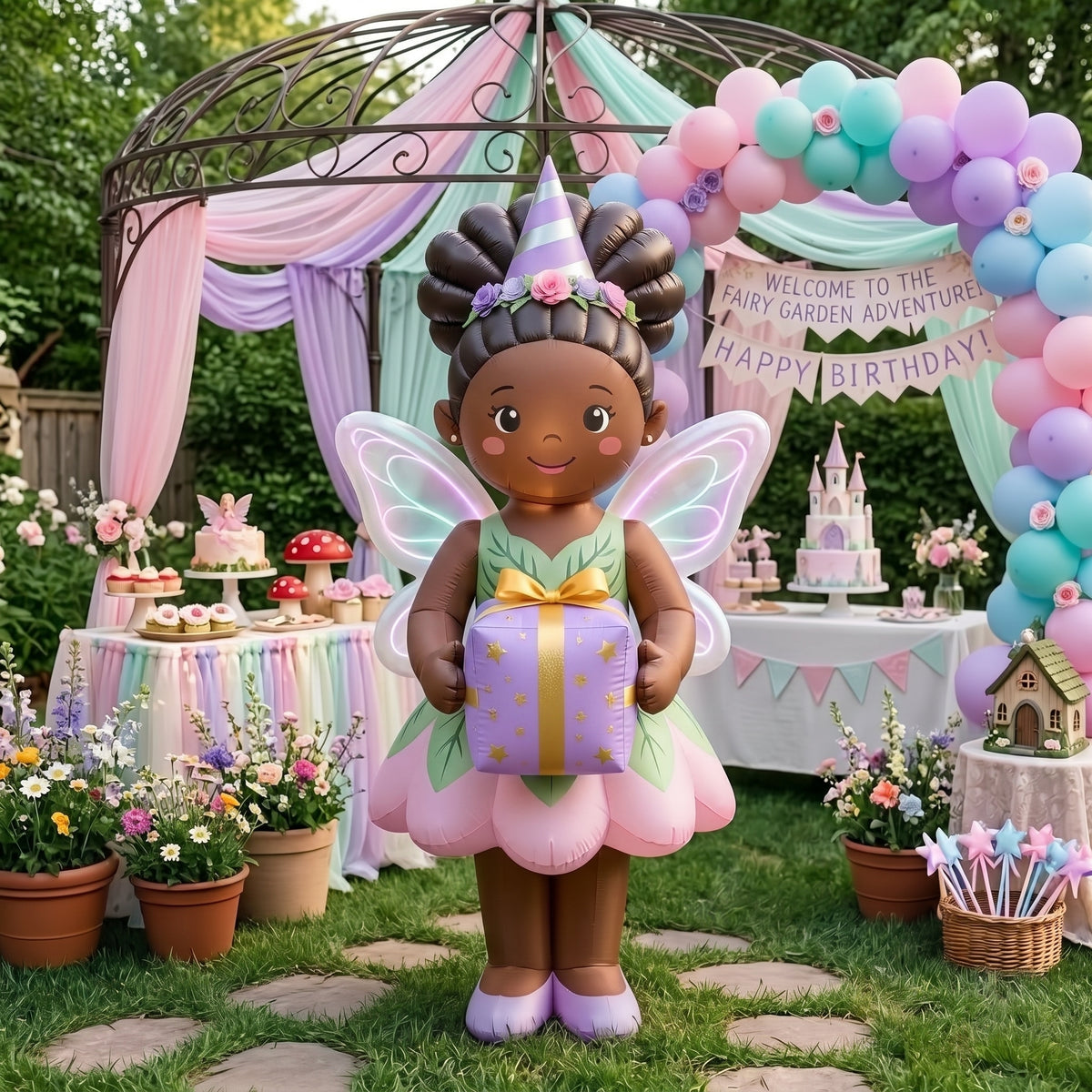 5' Magical Fairy Black Girl with Birthday Hat and Present Yard Birthday Inflatable Blow Up Decor Prop