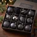 12-Piece Assorted Luxury Black and Gunmetal Shatterproof Holiday Ornament Set Christmas Decor