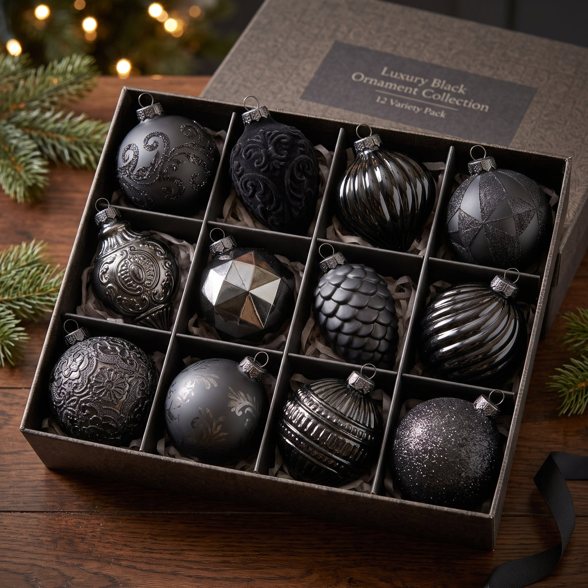 12-Piece Assorted Luxury Black and Gunmetal Shatterproof Holiday Ornament Set Christmas Decor