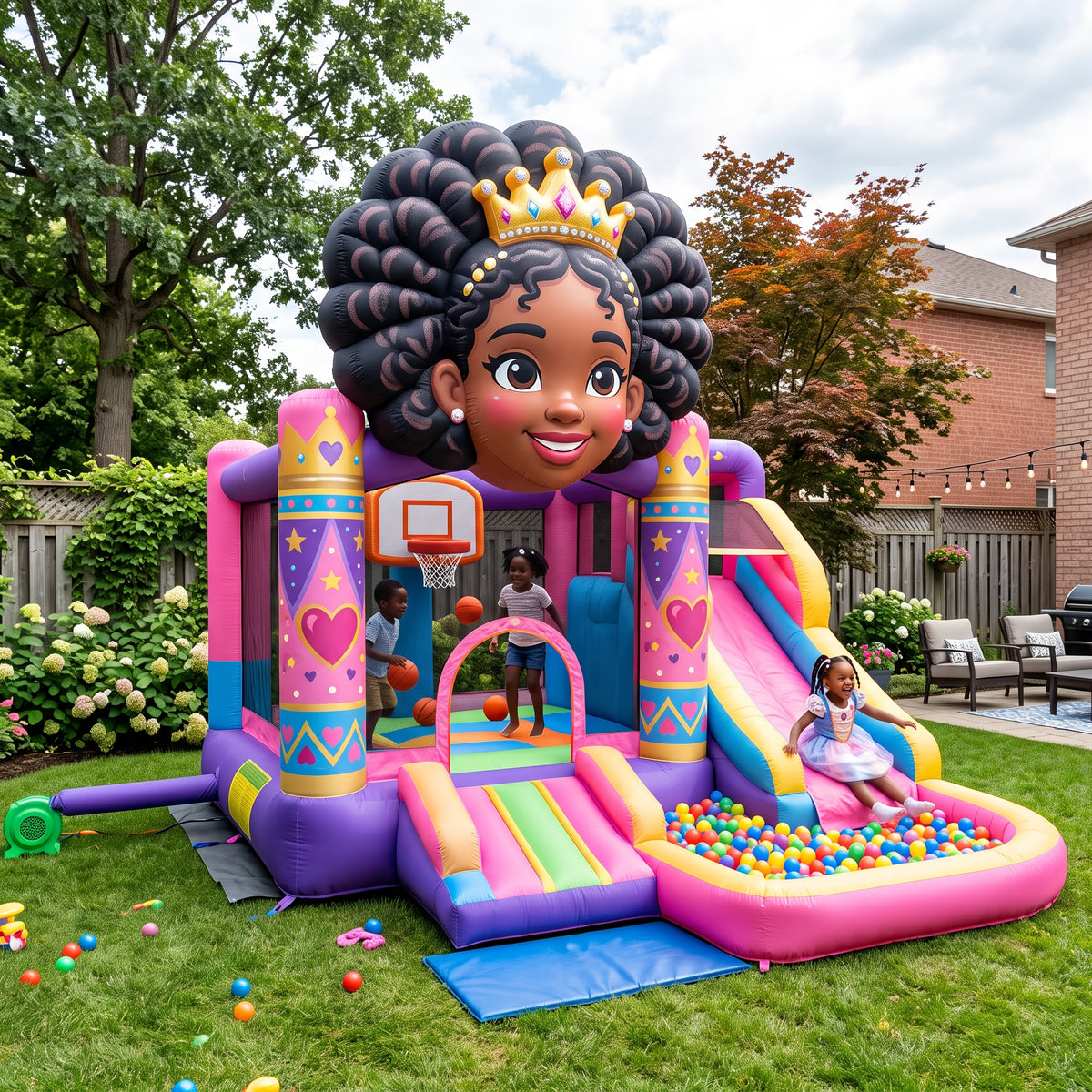 Play Bounce House Jumping Playhouse area with Slide and Ball Pit Black Princess' Head Castle Theme