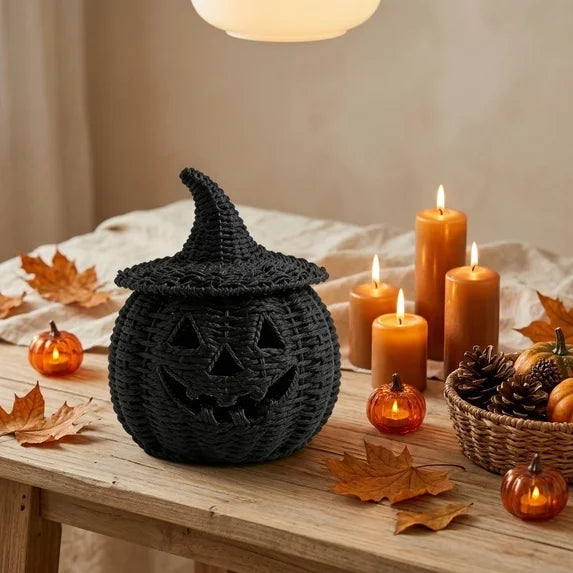 Black Woven Seagrass Jack o Lantern Pumpkin Halloween Candy Holder Decor Prop
