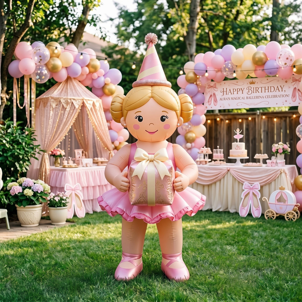 5' Blonde-Haired Ballerina with Birthday Hat and Present Yard Birthday Inflatable Blow Up Decor Prop