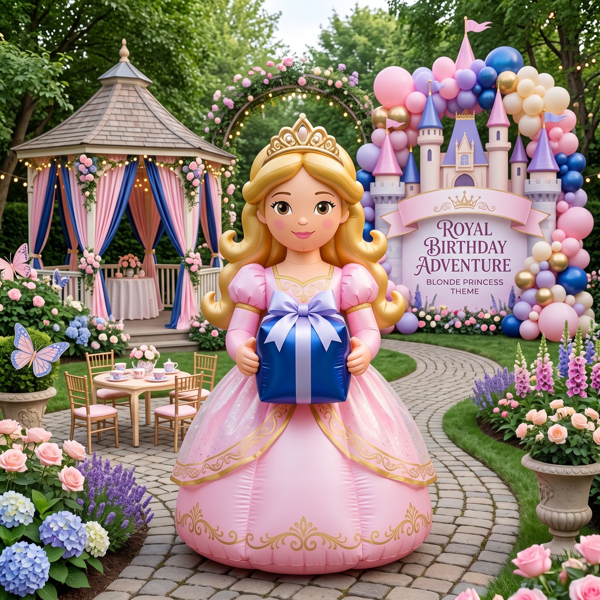 5' Blonde Hair Princess with Birthday Crown and Present Yard Birthday Inflatable Blow Up Decor Prop