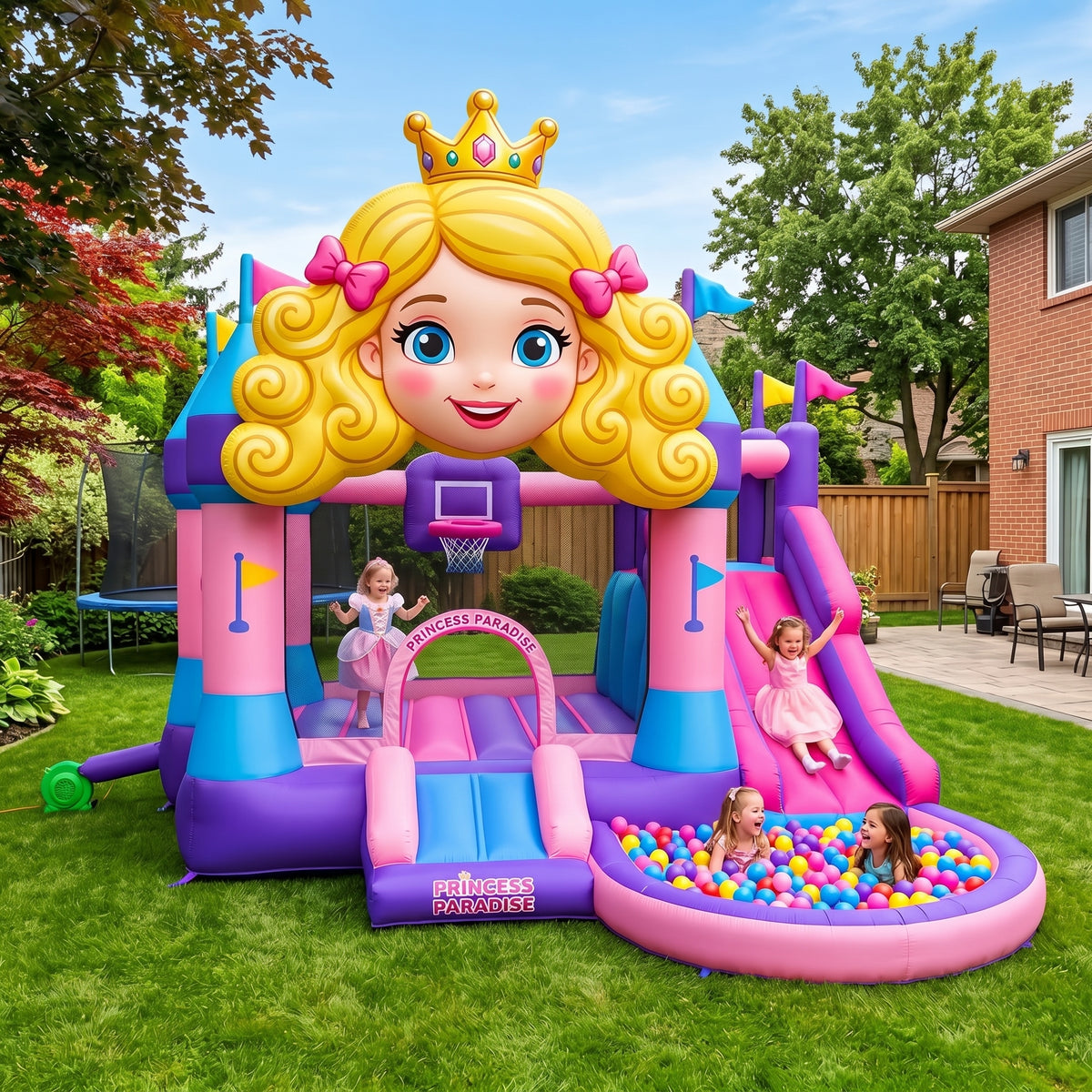 Play Bounce House Jumping Playhouse area with Slide and Ball Pit Blonde Princess' Head Castle Theme