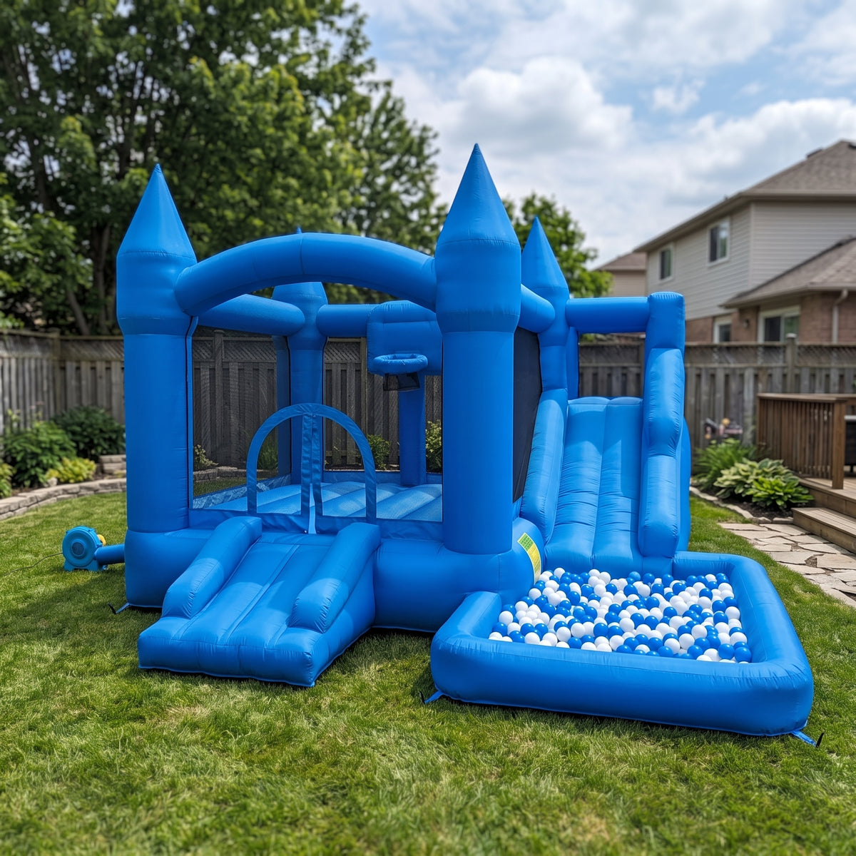 Play Bounce House Jumping Playhouse area with Slide and Ball Pit Blue Castle Theme