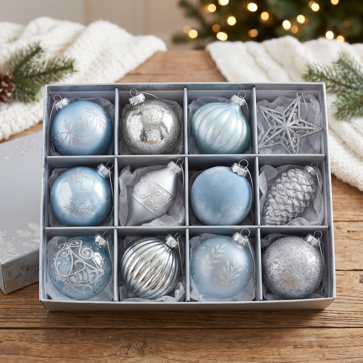 12-Piece Assorted Ice Blue and Silver Luxury Shatterproof Holiday Ornament Set Christmas Decor