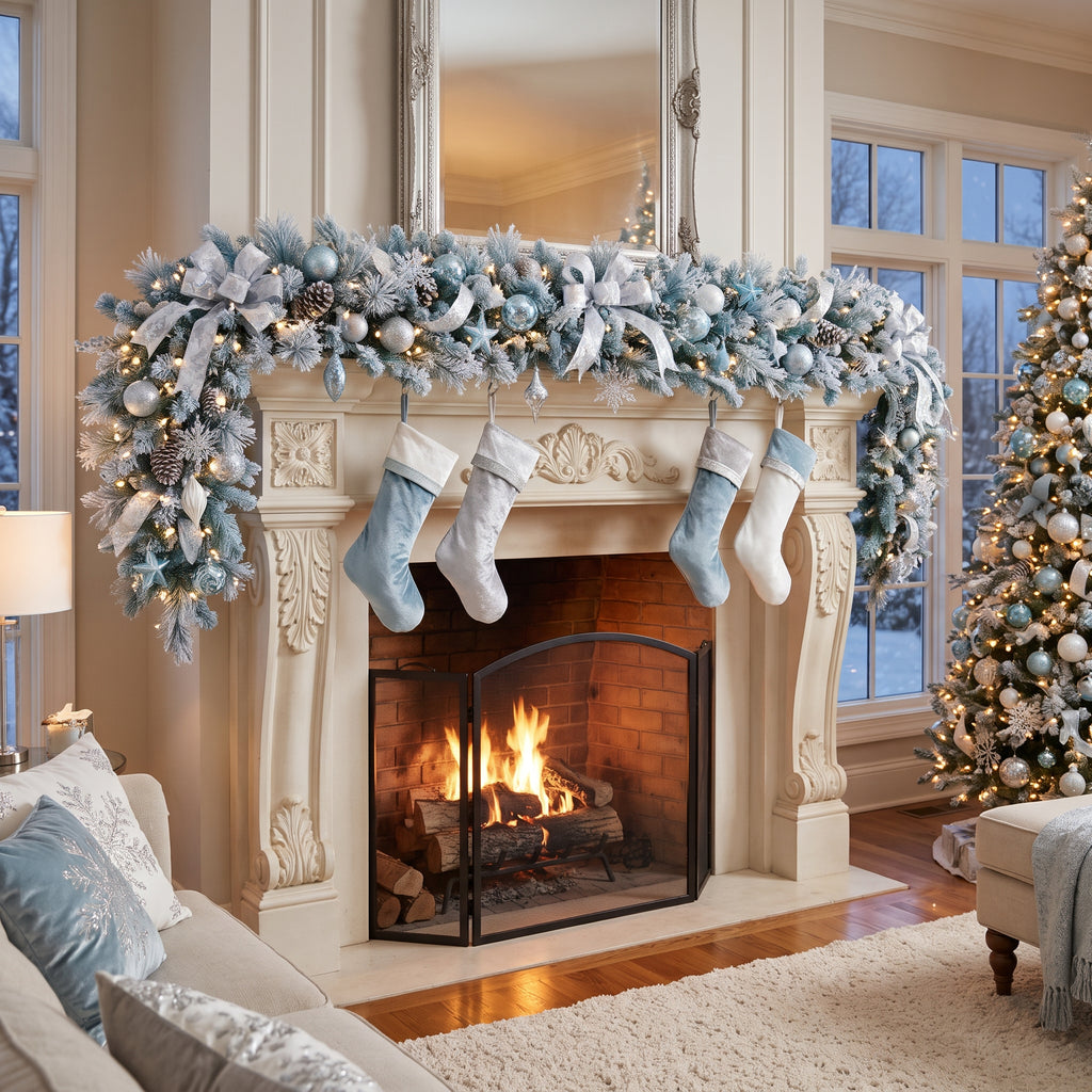 8-Foot Pre-Lit Frosty Ice Blue and Silver Artificial Holiday Garland Christmas Decor