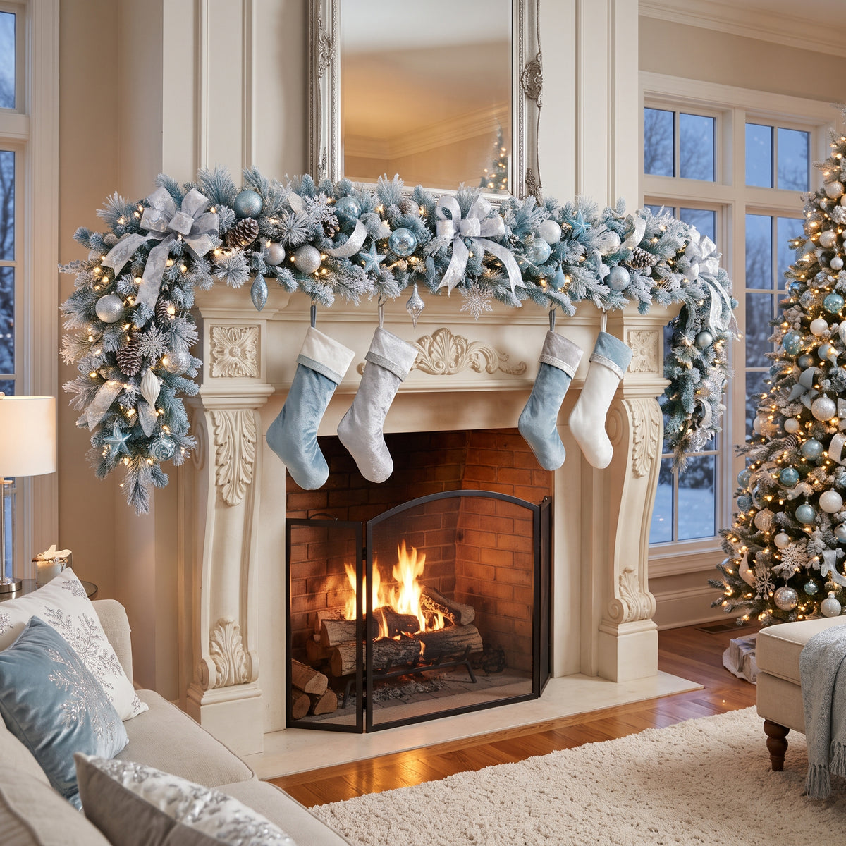 8-Foot Pre-Lit Frosty Ice Blue and Silver Artificial Holiday Garland Christmas Decor