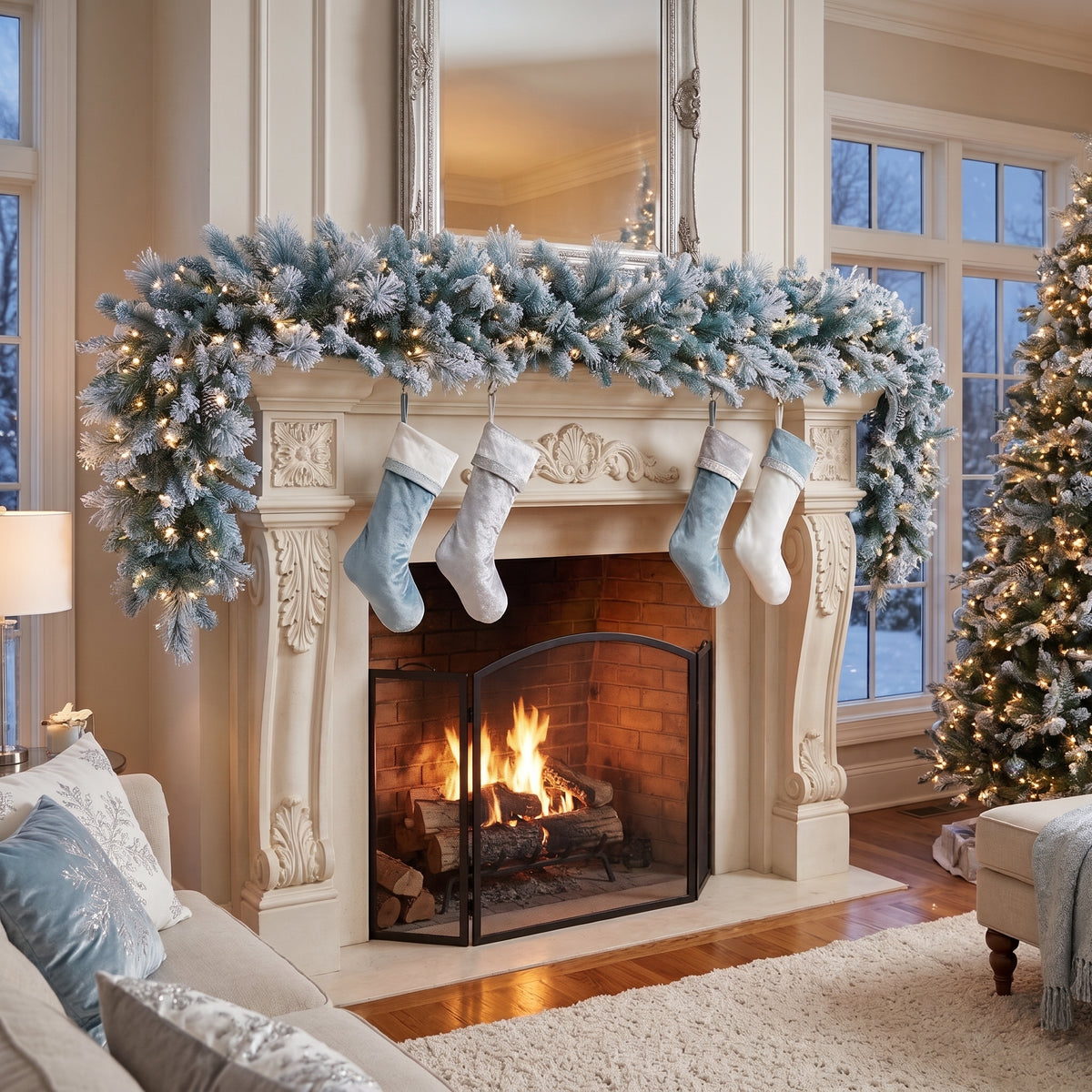 8-Foot Pre-Lit Frosty Ice Blue and Silver Artificial Holiday Garland Christmas Decor