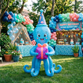 5' Blue Octopus with Birthday Hat and Present Yard Birthday Inflatable Blow Up Decor Prop